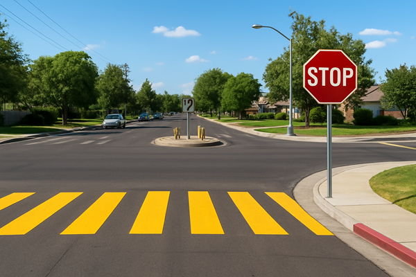 A suburban intersection on a clear, sunny day with a red stop sign in the foreground and bright yellow crosswalk stripes painted across the asphalt. A traffic island with bollards and a directional sign sits in the middle of the road, while trees, houses, and parked cars line the quiet neighborhood street.