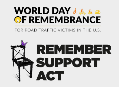 Graphic for World Day of Remembrance for Road Traffic Victims in the U.S. featuring the message “Remember, Support, Act” and an illustration of an empty chair with a purple butterfly.